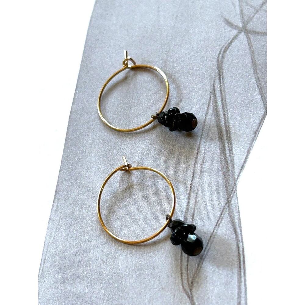 Handmade Gold Hoop Earrings Vintage 80s Art Deco Revival Black Bead Charm